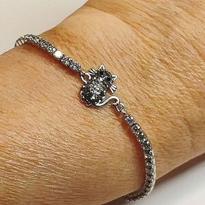 Vintage Signed SU CZ CH Cubic Zirconia Silver Cat Slider Bracelet